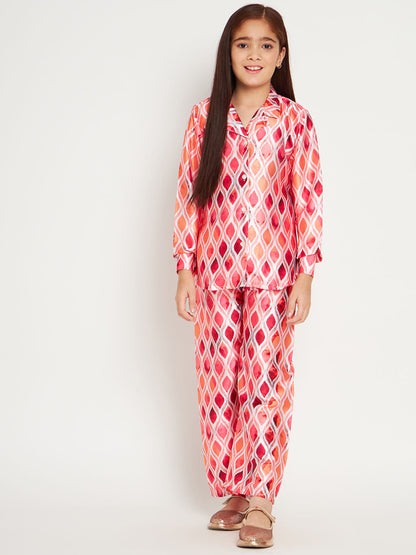 Shirts Style Satin Fabric Peach Color Co-Ord Set