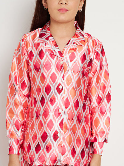 Shirts Style Satin Fabric Peach Color Co-Ord Set