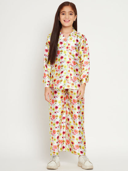 Shirts Style Satin Fabric White Color Co-Ord Set