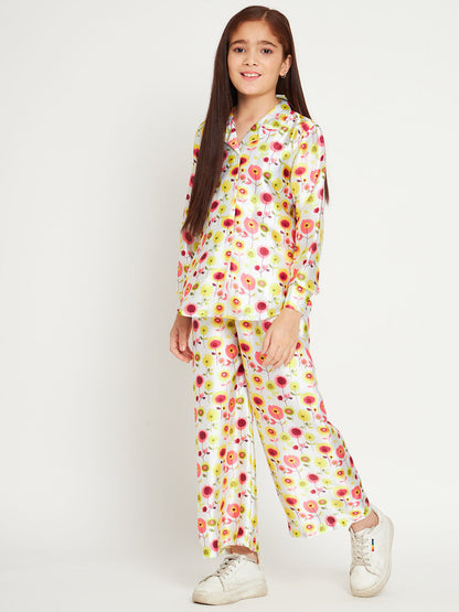 Shirts Style Satin Fabric White Color Co-Ord Set