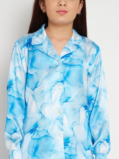 Shirts Style Satin Fabric Blue Color Co-Ord Set