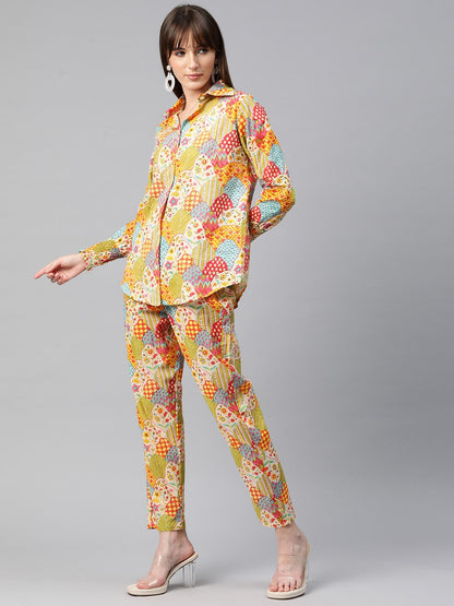 Shirt Style Cotton Fabric Green Color Co-Ord Set