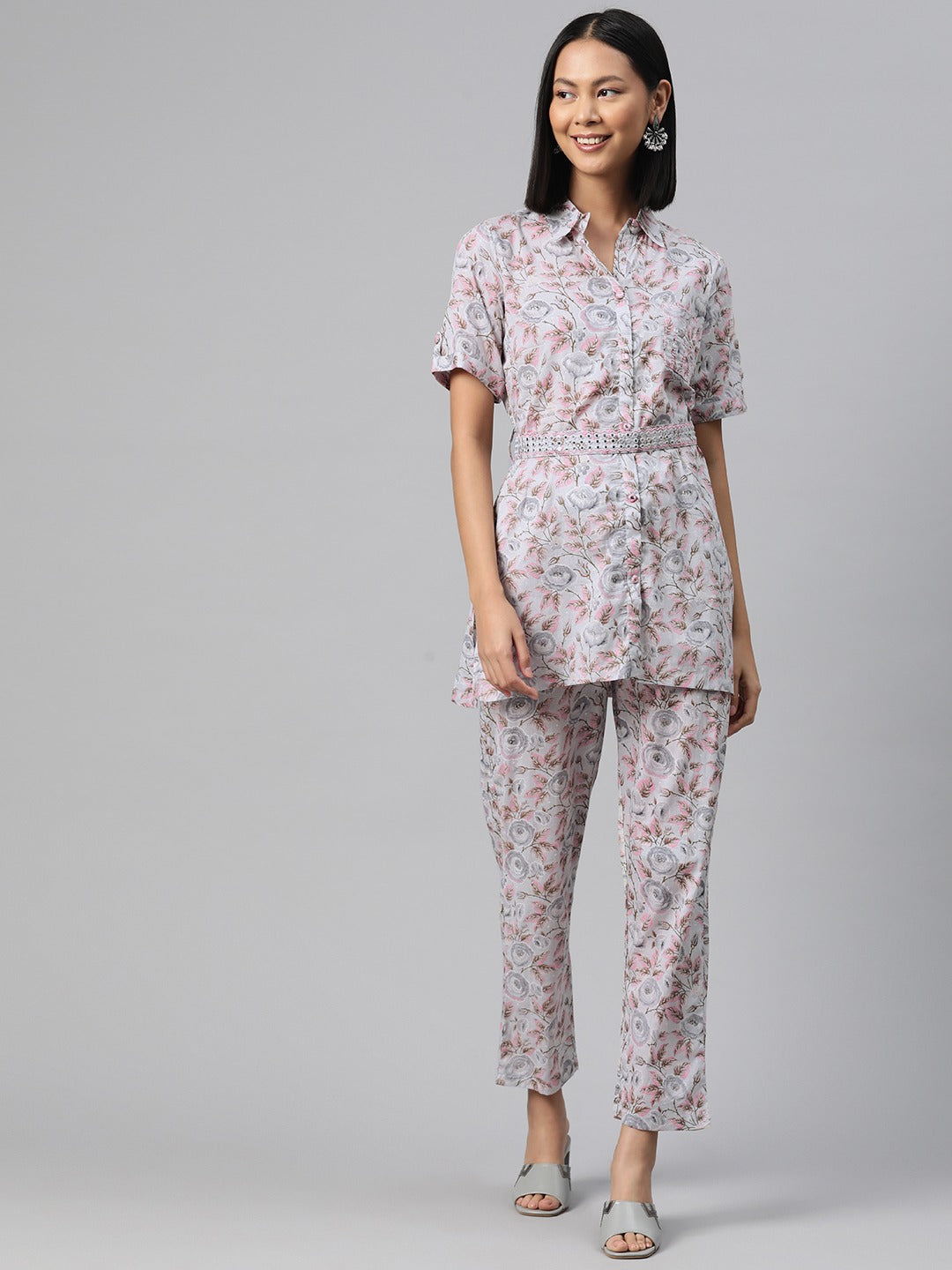 Shirt Style Cotton Fabric Grey Color Co-Ord Set