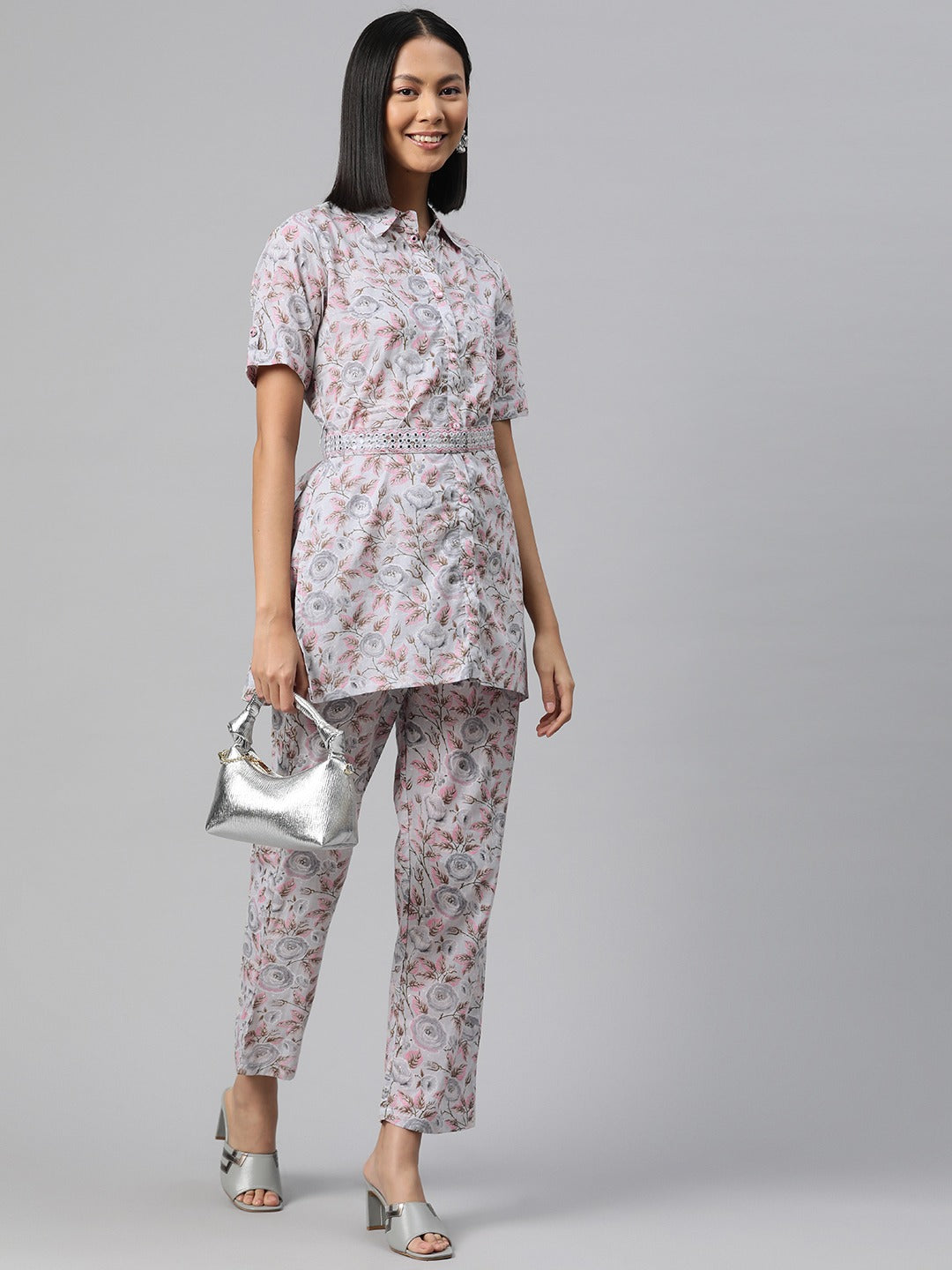 Shirt Style Cotton Fabric Grey Color Co-Ord Set