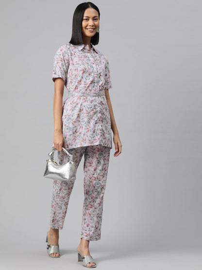 Shirt Style Cotton Fabric Grey Color Co-Ord Set