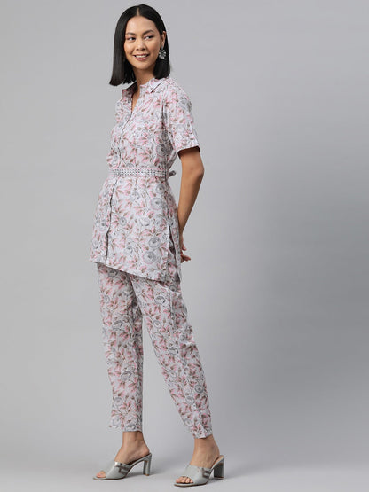 Shirt Style Cotton Fabric Grey Color Co-Ord Set