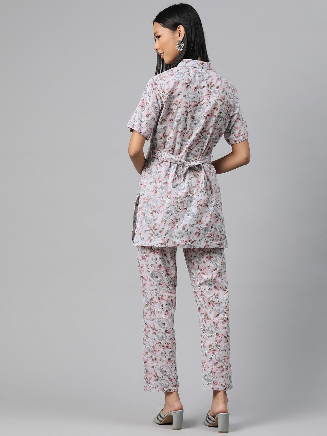 Shirt Style Cotton Fabric Grey Color Co-Ord Set