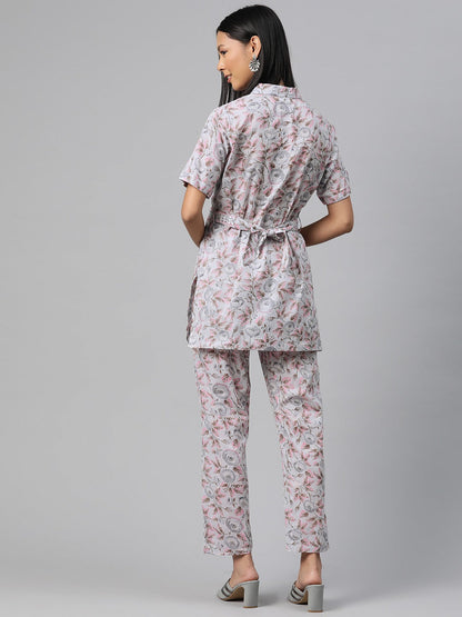 Shirt Style Cotton Fabric Grey Color Co-Ord Set