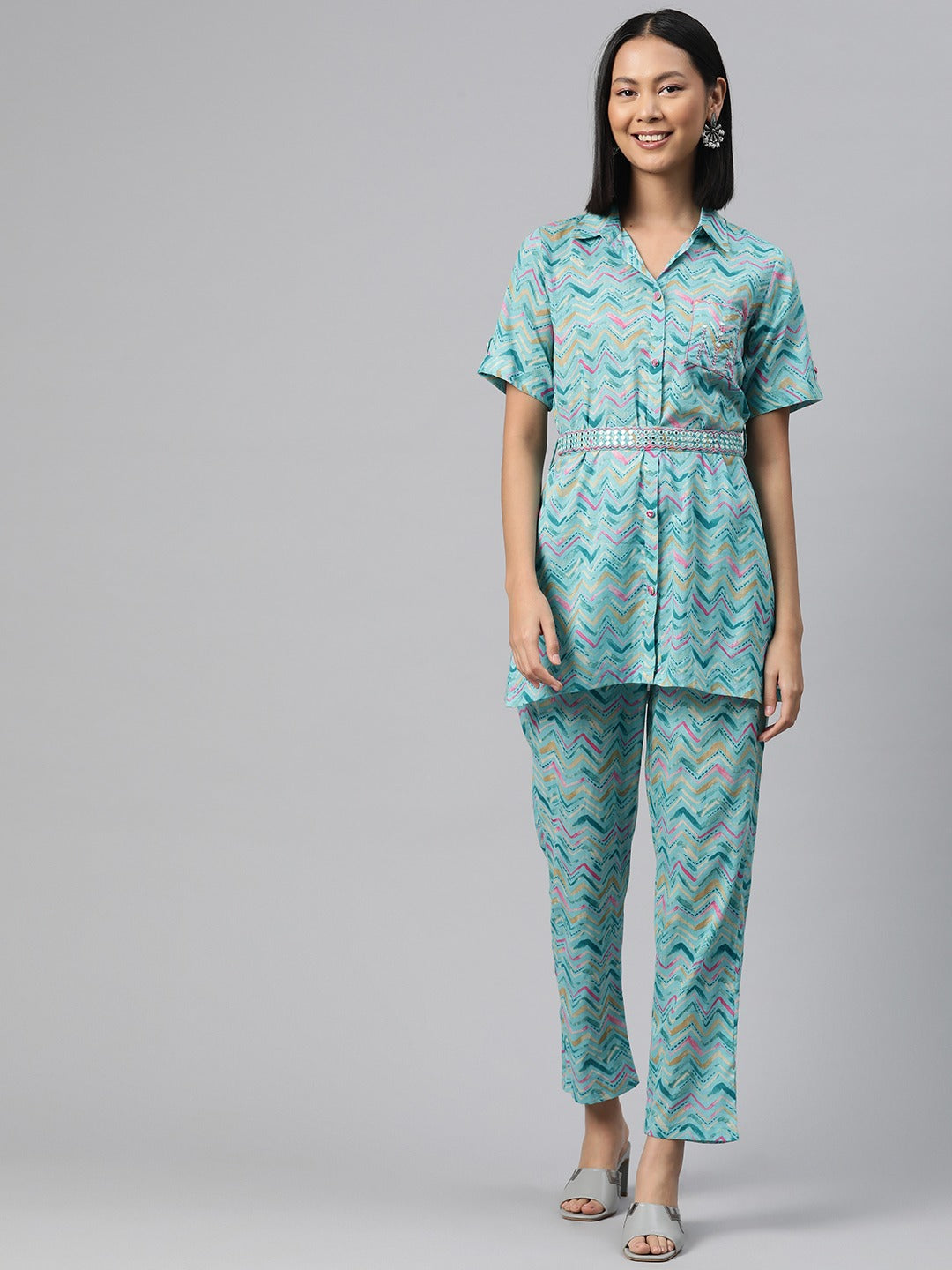 Shirt Style Cotton Fabric Turquoise Blue Color Co-Ord Set