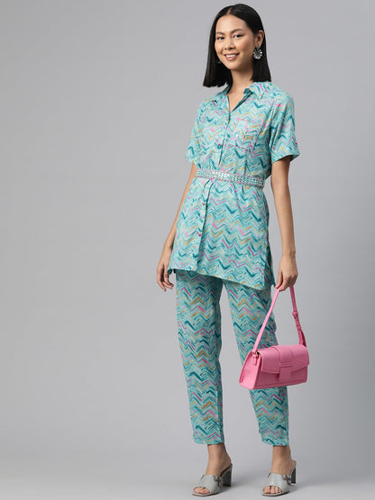 Shirt Style Cotton Fabric Turquoise Blue Color Co-Ord Set
