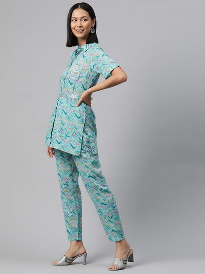 Shirt Style Cotton Fabric Turquoise Blue Color Co-Ord Set
