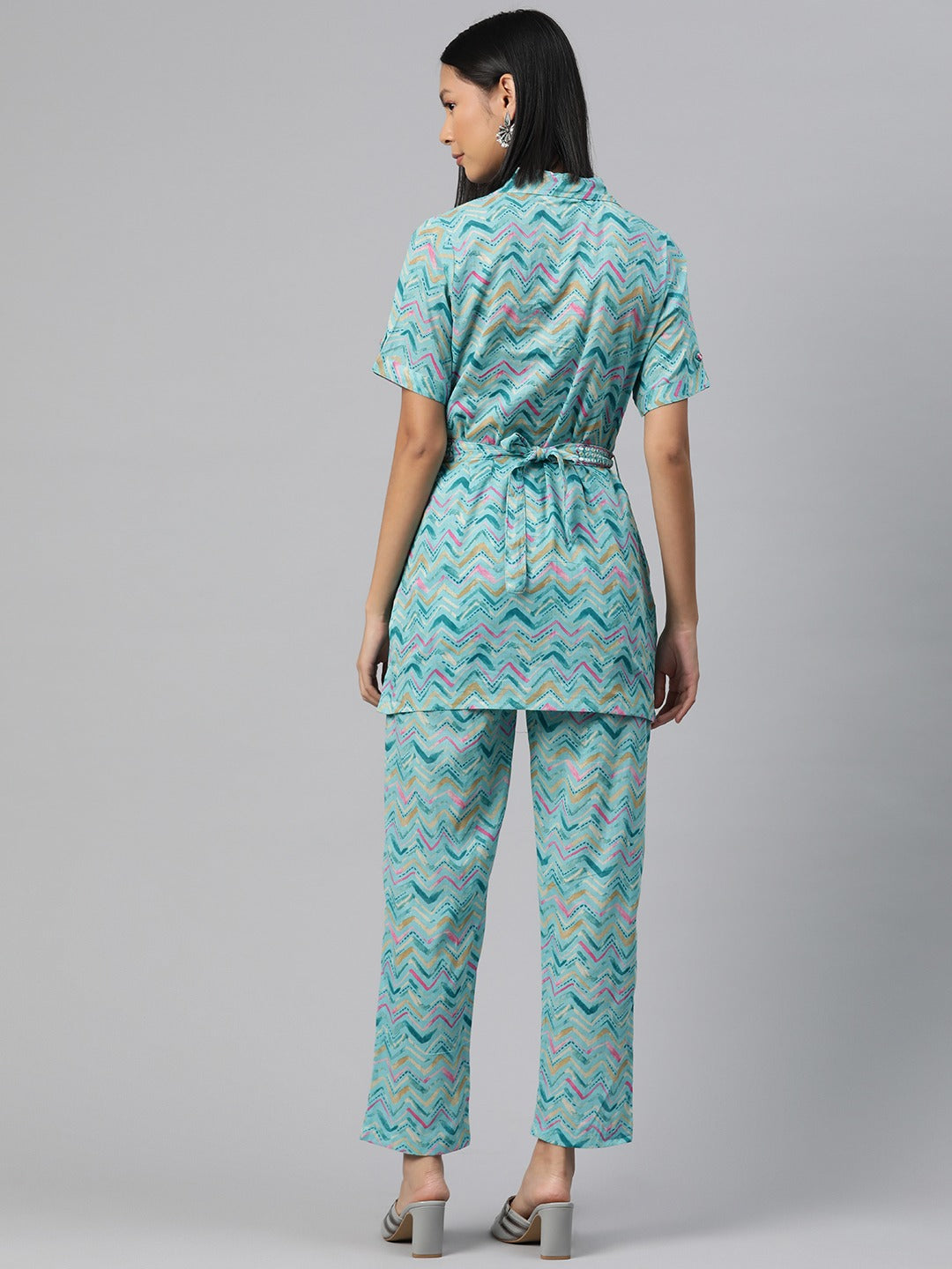 Shirt Style Cotton Fabric Turquoise Blue Color Co-Ord Set