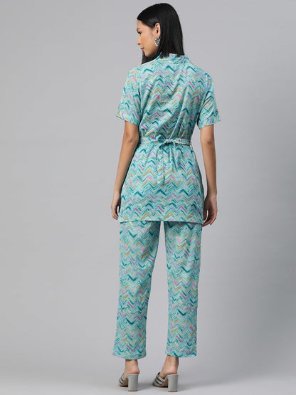 Shirt Style Cotton Fabric Turquoise Blue Color Co-Ord Set