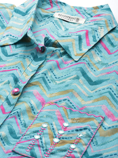 Shirt Style Cotton Fabric Turquoise Blue Color Co-Ord Set