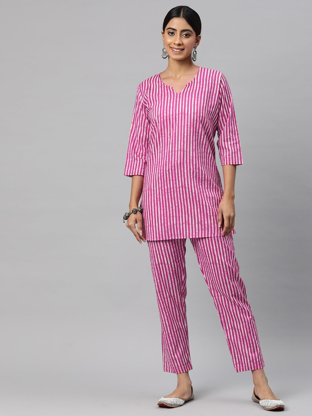 Straight Style Cotton Fabric Magenta Color Co-Ord Set