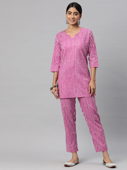 Straight Style Cotton Fabric Magenta Color Co-Ord Set