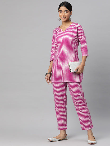 Straight Style Cotton Fabric Magenta Color Co-Ord Set