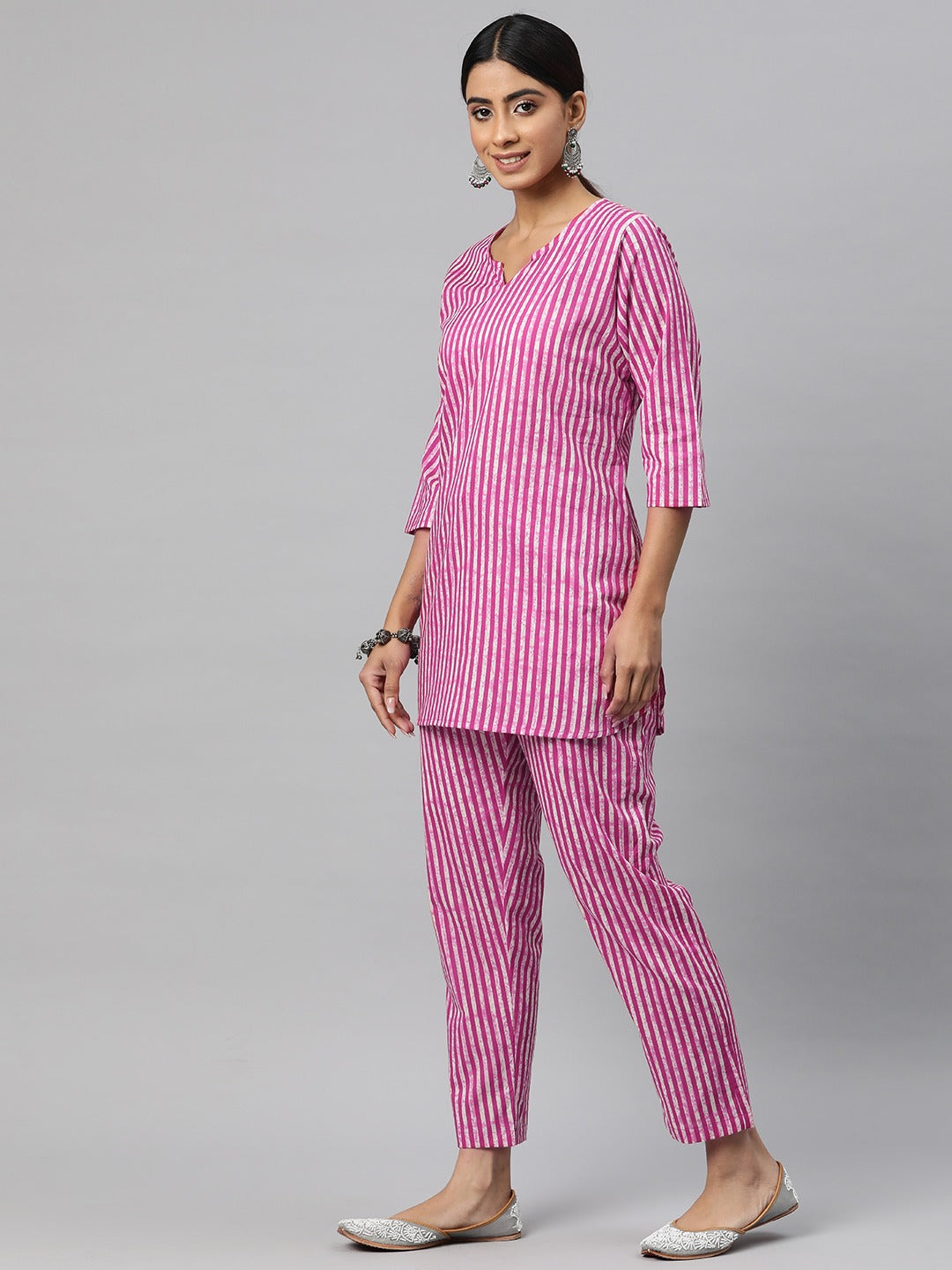 Straight Style Cotton Fabric Magenta Color Co-Ord Set