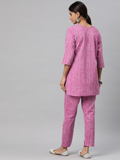 Straight Style Cotton Fabric Magenta Color Co-Ord Set