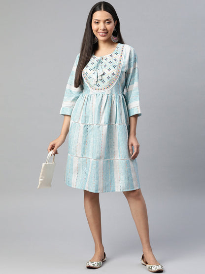 Blue Color Cotton Fabric Tiered Dress