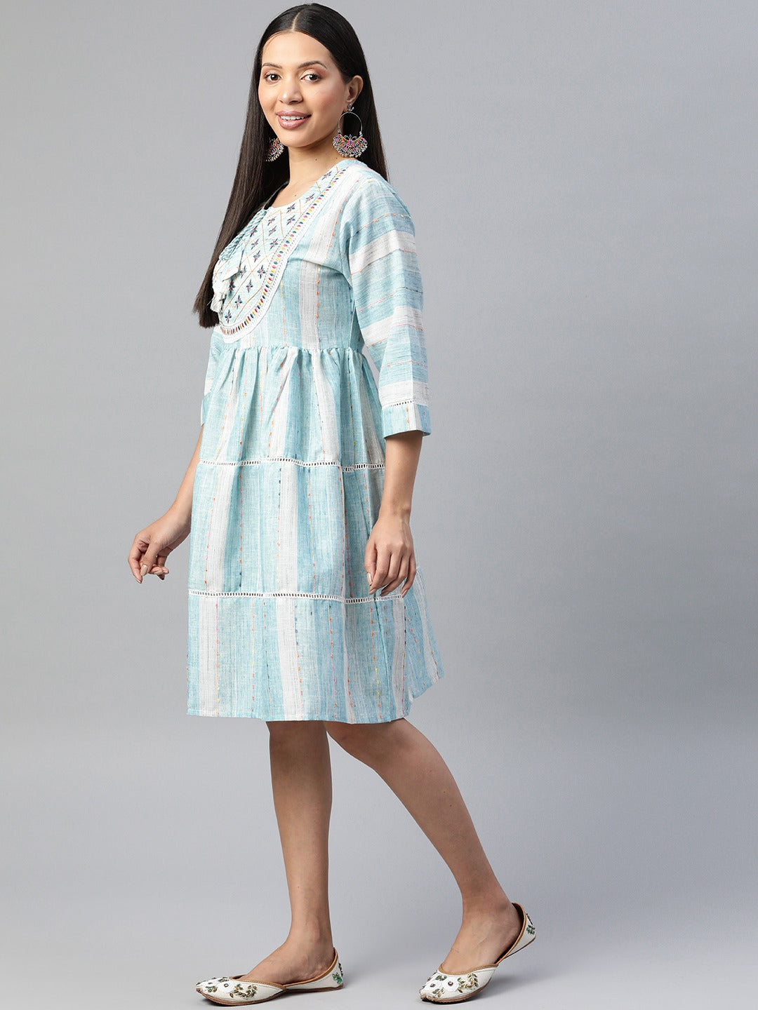 Blue Color Cotton Fabric Tiered Dress