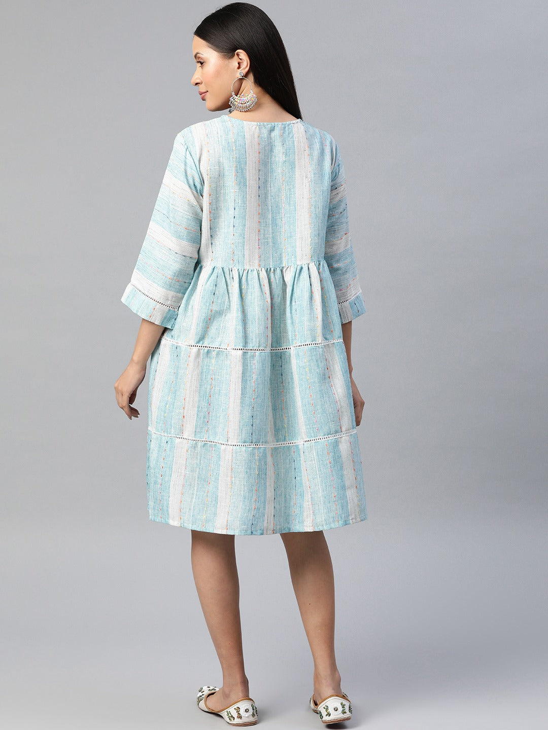 Blue Color Cotton Fabric Tiered Dress