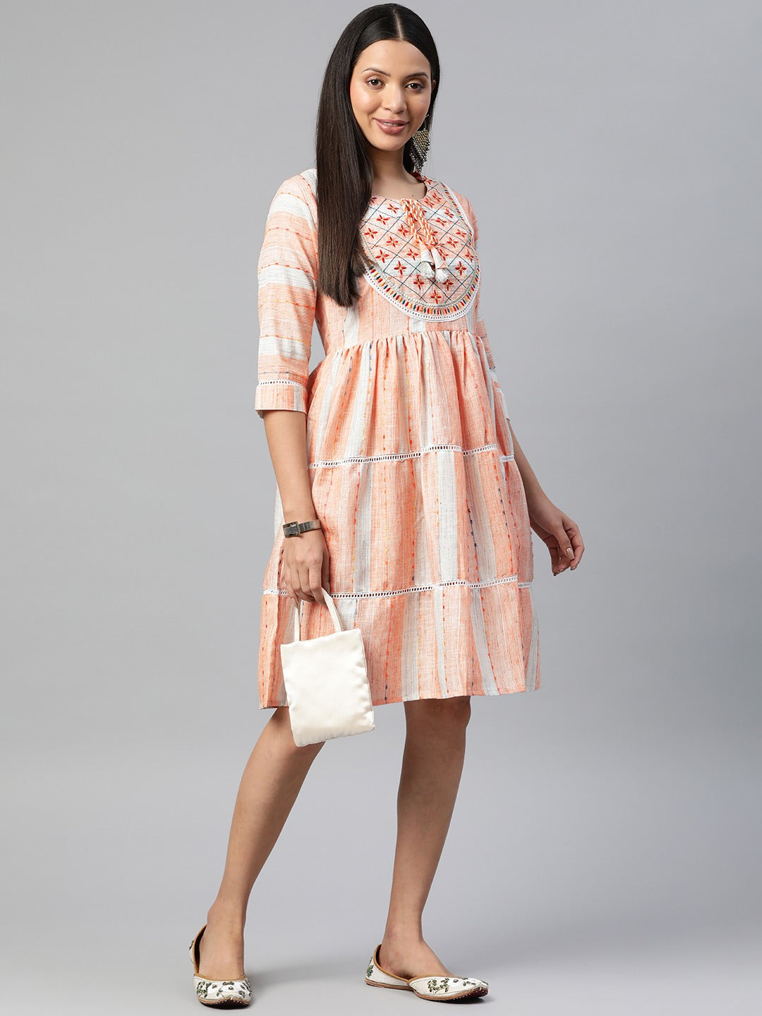 Orange Color Cotton Fabric Tiered Dress
