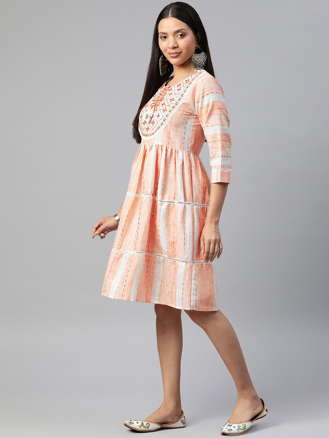 Orange Color Cotton Fabric Tiered Dress