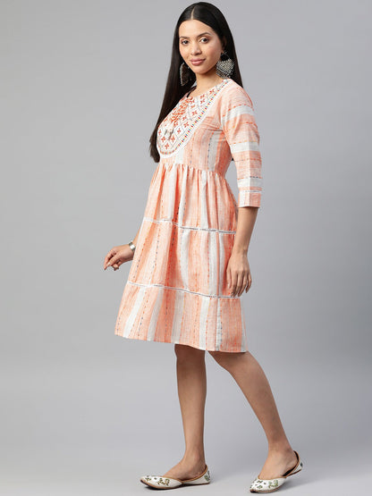 Orange Color Cotton Fabric Tiered Dress