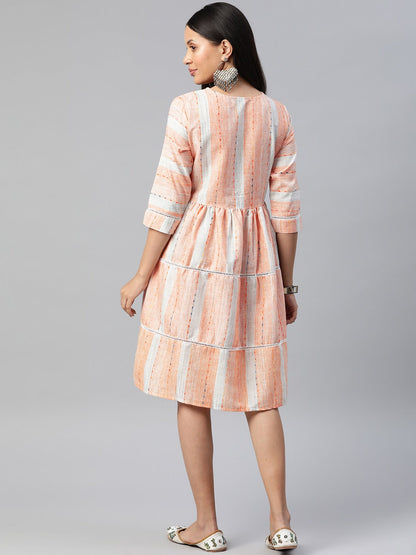 Orange Color Cotton Fabric Tiered Dress