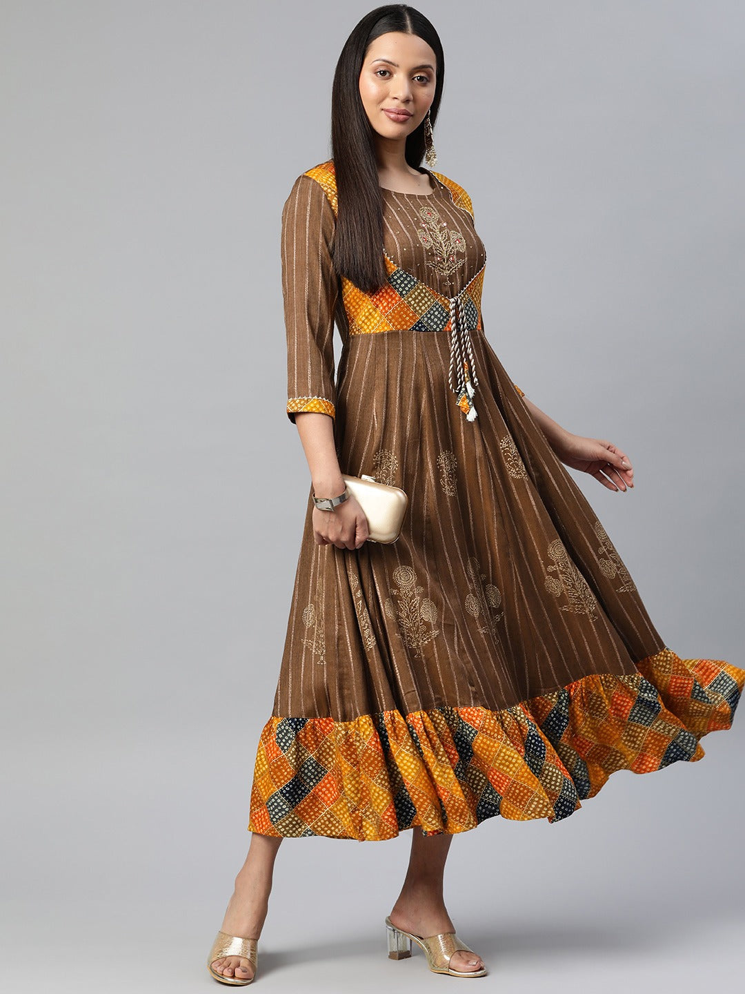 Brown Color Rayon Fabric Panelled Gown