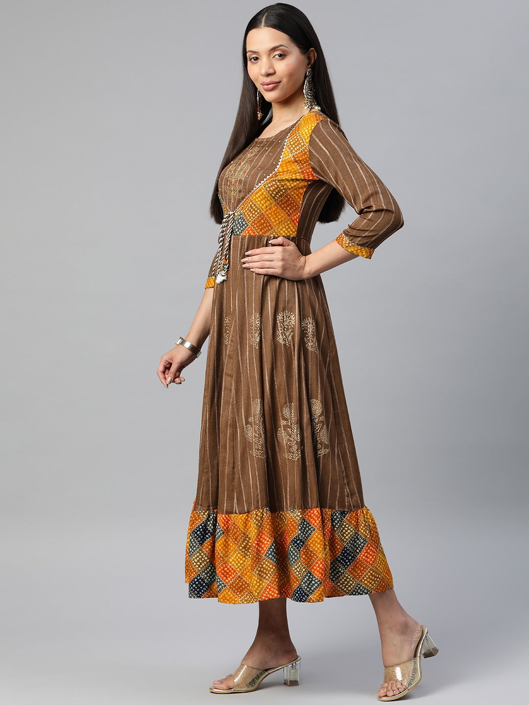 Brown Color Rayon Fabric Panelled Gown