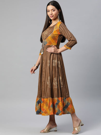 Brown Color Rayon Fabric Panelled Gown
