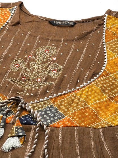 Brown Color Rayon Fabric Panelled Gown