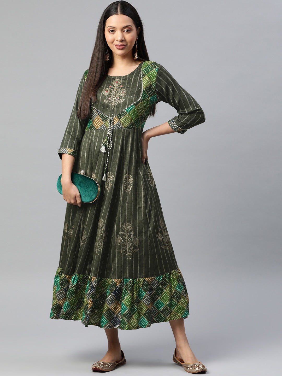 Green Color Rayon Fabric Panelled Gown