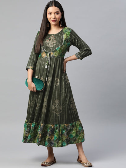 Green Color Rayon Fabric Panelled Gown