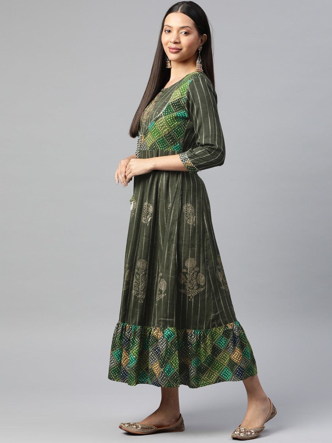 Green Color Rayon Fabric Panelled Gown