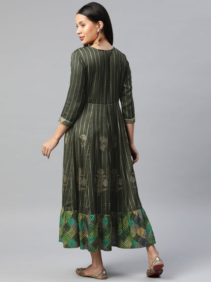 Green Color Rayon Fabric Panelled Gown