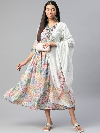 Multi Color Cotton Fabric Gown With Dupatta