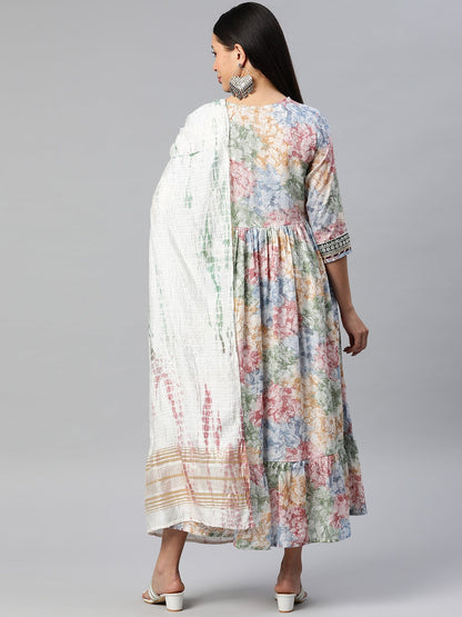 Multi Color Cotton Fabric Gown With Dupatta