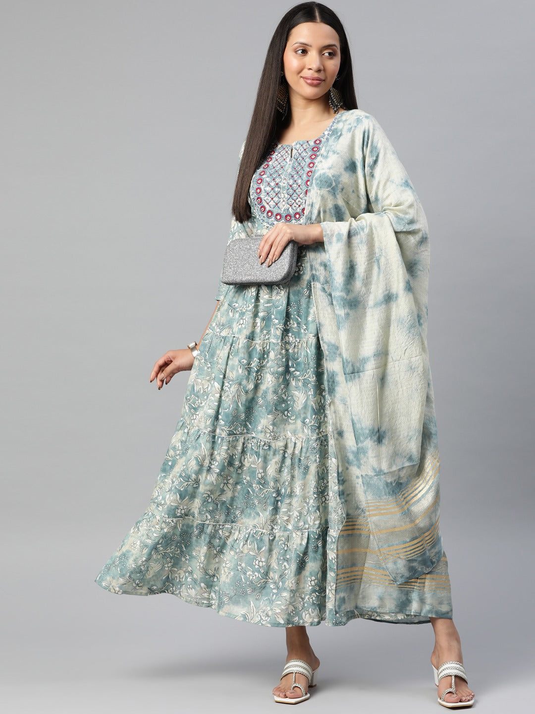 Blue Color Cotton Fabric Tiered Gown With Dupatta