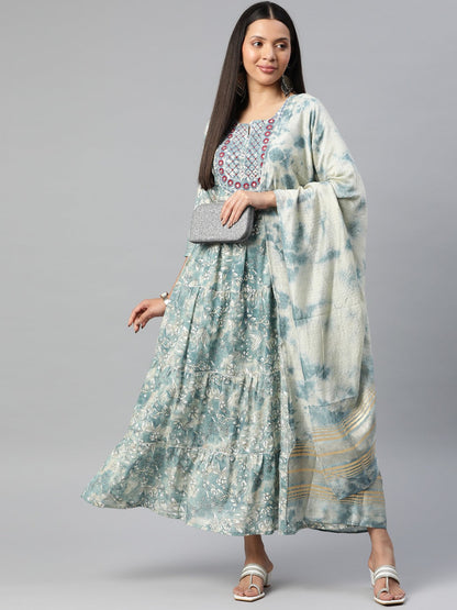 Blue Color Cotton Fabric Tiered Gown With Dupatta