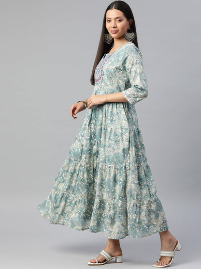 Blue Color Cotton Fabric Tiered Gown With Dupatta