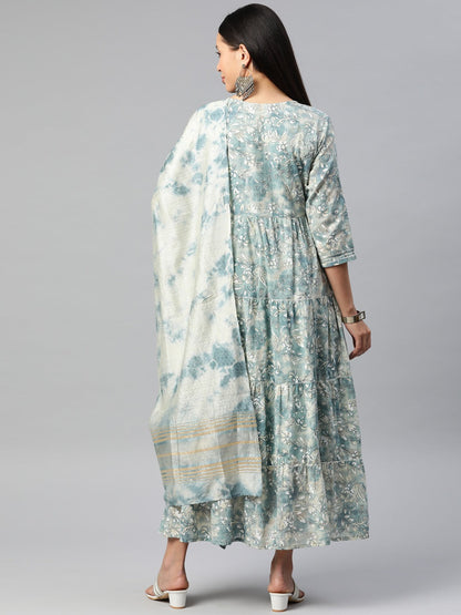 Blue Color Cotton Fabric Tiered Gown With Dupatta