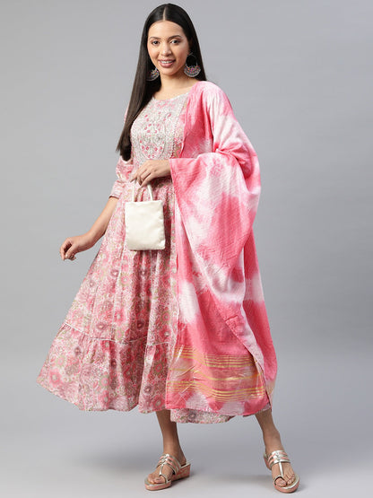Pink Color Cotton Fabric Panelled Gown With Dupatta