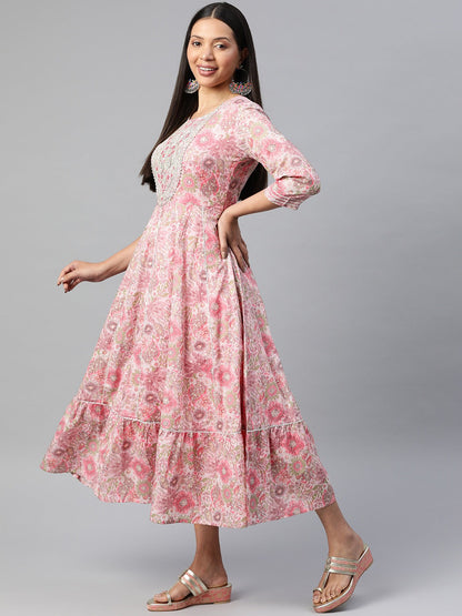 Pink Color Cotton Fabric Panelled Gown With Dupatta