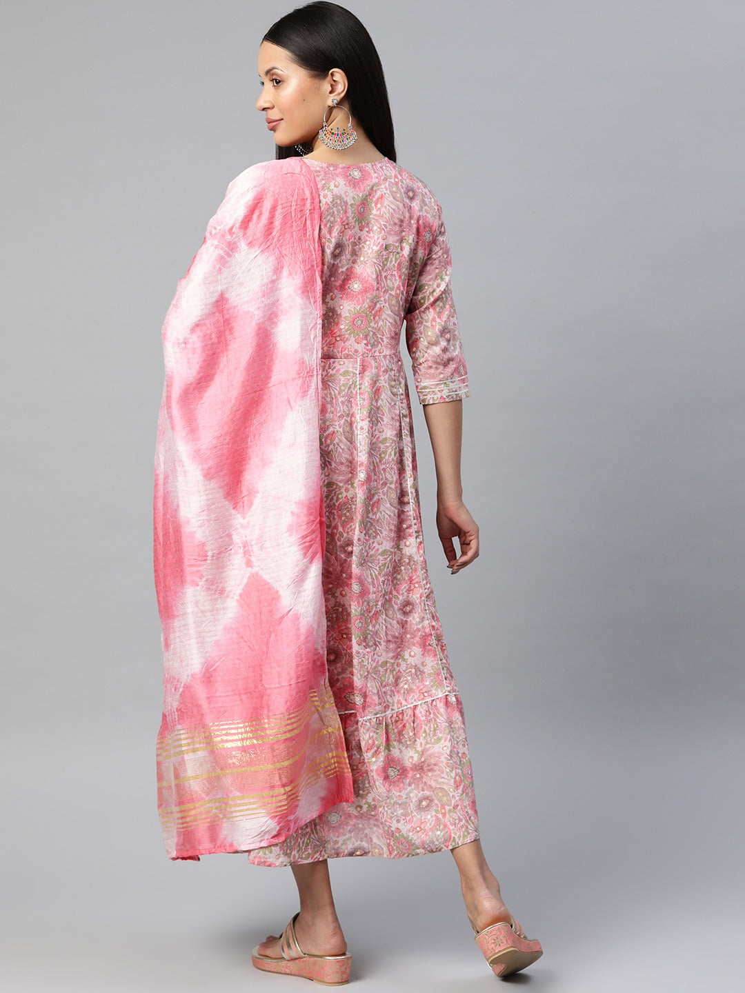 Pink Color Cotton Fabric Panelled Gown With Dupatta