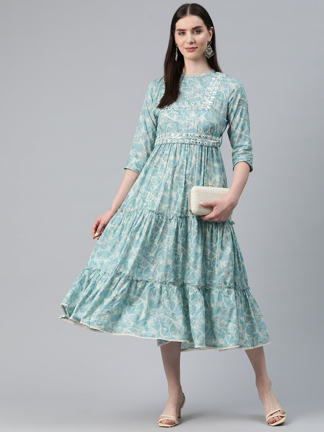 Blue Color Cotton Fabric Tiered Dress