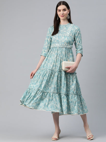 Blue Color Cotton Fabric Tiered Dress
