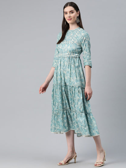 Blue Color Cotton Fabric Tiered Dress